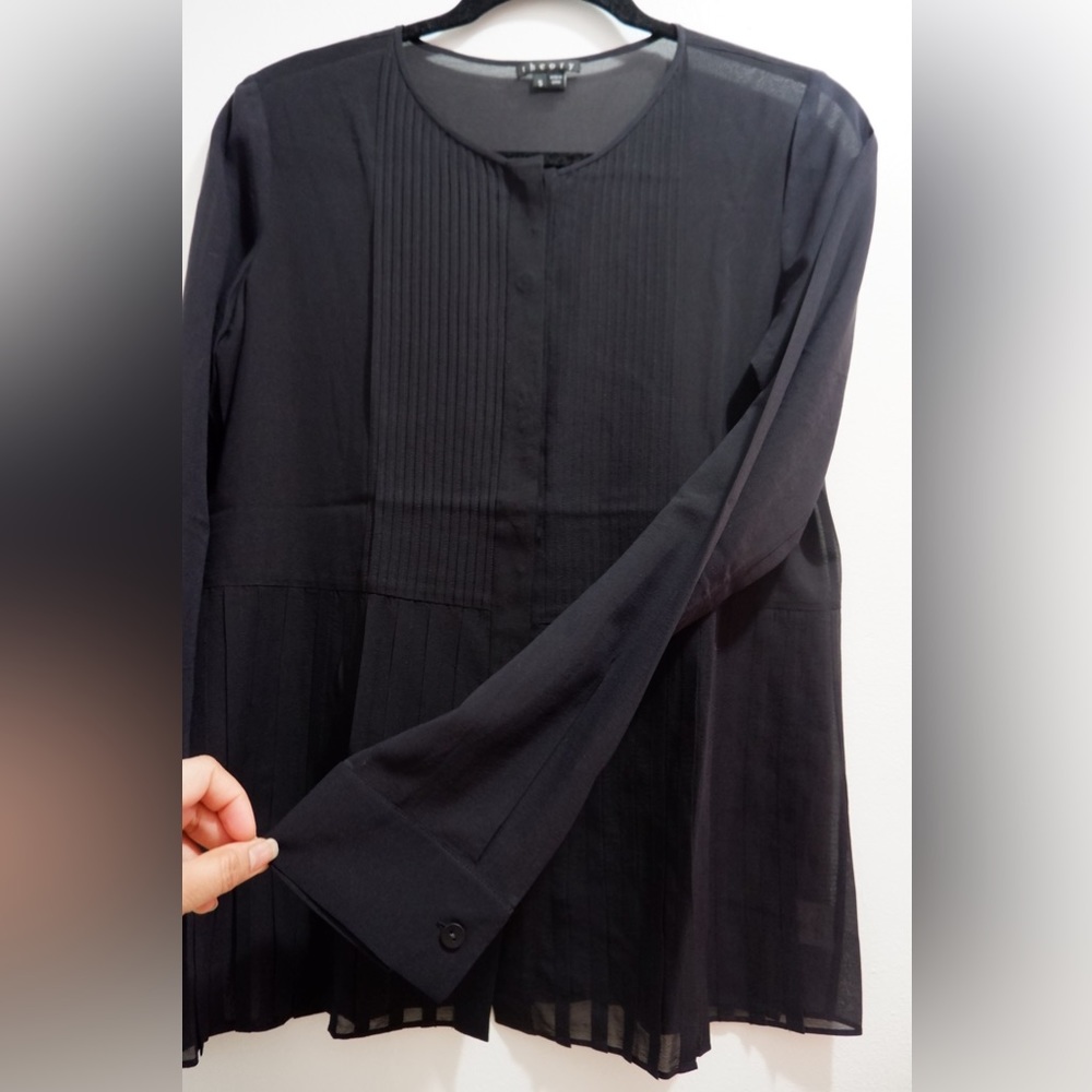 Theory Black Long Sleeve See-Through Silk Blouse